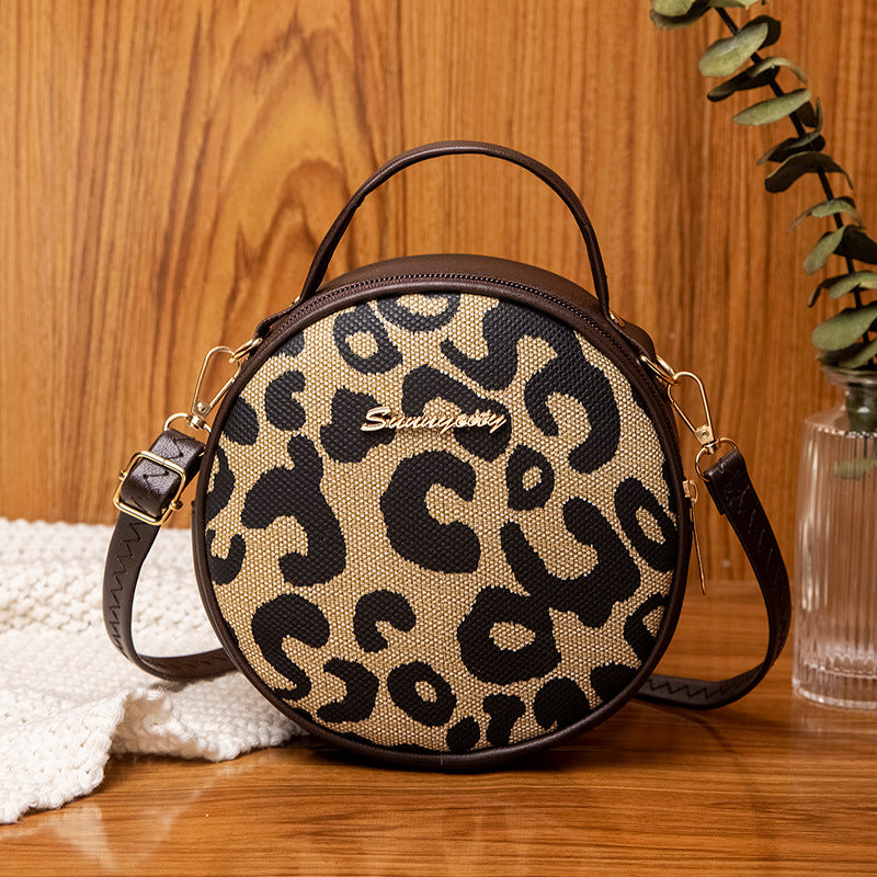 Wholesale PU Leopard Handle Shoulder Small Round Bag
